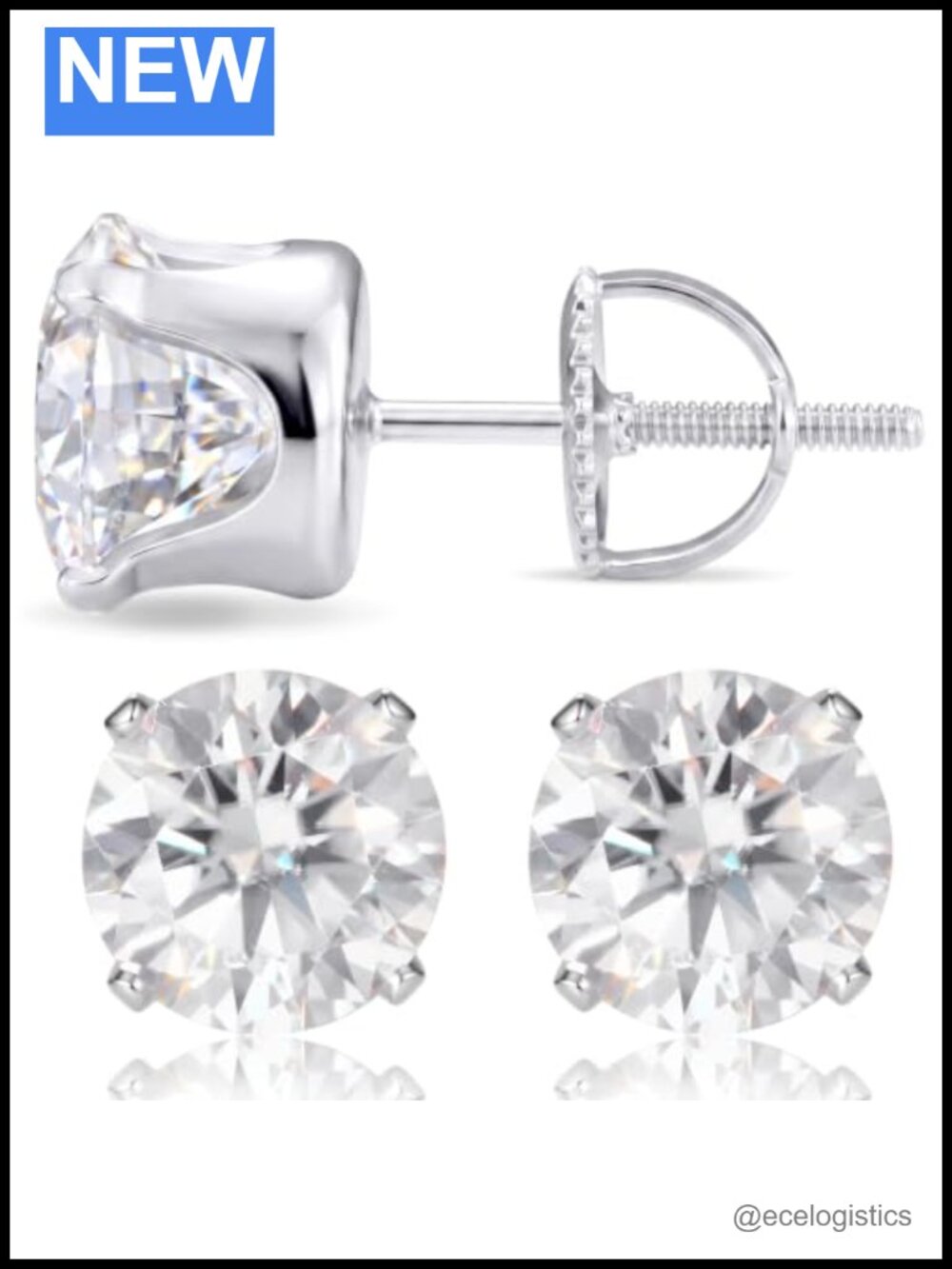Moissanite Stud Earrings 14K White Gold Plated 925 Sterling Silver Screw Back